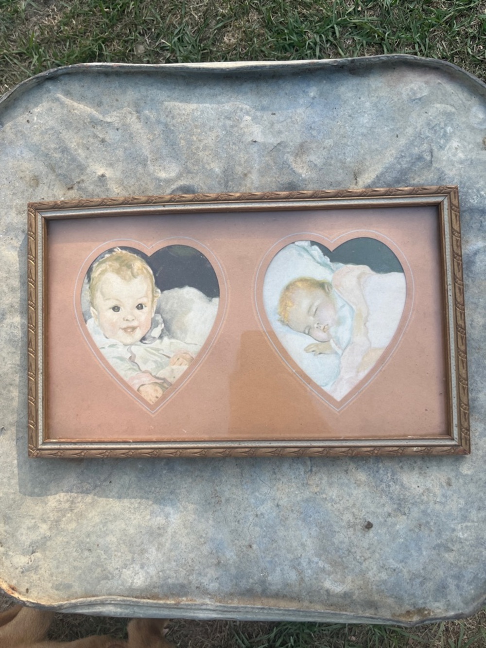 Vintage Heart Double Baby Print Framed Wall Art - Pink